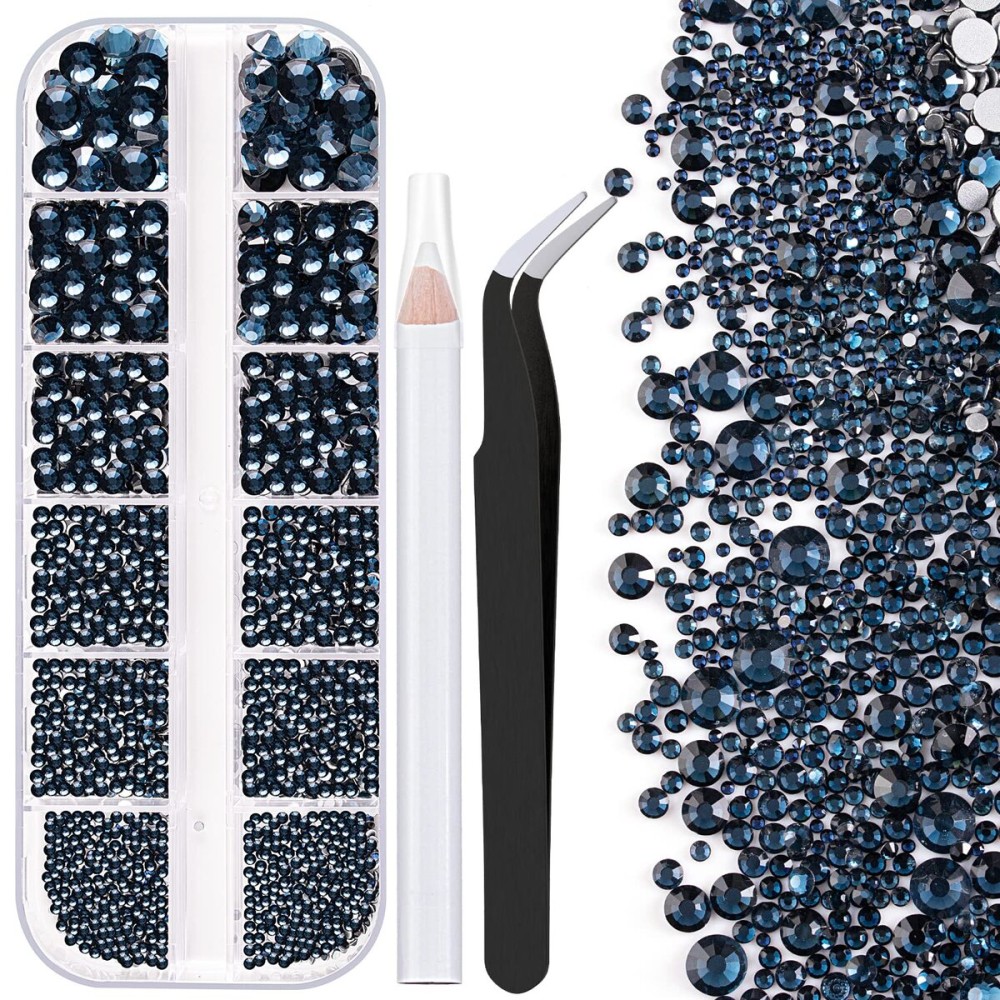 One Pack 2000 Pcs of Flatback Round Navy Blue Rhinestones 6 Sizes (1.5-6 mm) with Nail Art Rhinestone Picker Pencil and Tweezer for DIY and Salon Use