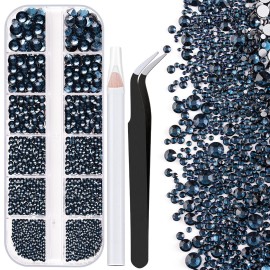 One Pack 2000 Pcs of Flatback Round Navy Blue Rhinestones 6 Sizes (1.5-6 mm) with Nail Art Rhinestone Picker Pencil and Tweezer for DIY and Salon Use