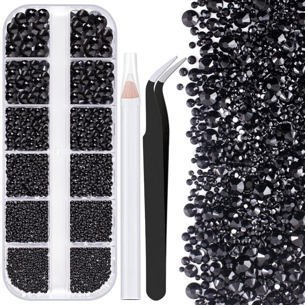 One Pack 2000 Pcs of Flatback Round Black Rhinestones 6 Sizes (1.5-6 mm) with Nail Art Rhinestone Picker Pencil and Tweezers for DIY and Salon Use