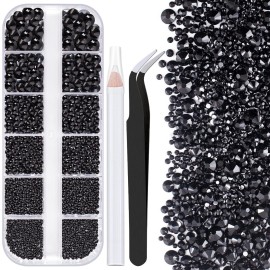 One Pack 2000 Pcs of Flatback Round Black Rhinestones 6 Sizes (1.5-6 mm) with Nail Art Rhinestone Picker Pencil and Tweezers for DIY and Salon Use