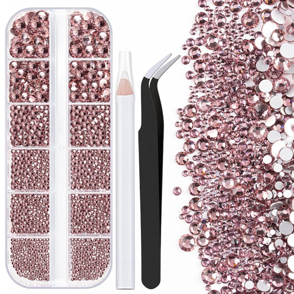 One Pack 2000 Pcs of Flatback Round Pale Purple Rhinestones 6 Sizes (1.5-6 mm) with Nail Art Rhinestone Picker Pencil and Tweezer for DIY and Salon Use
