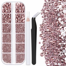 One Pack 2000 Pcs of Flatback Round Pale Purple Rhinestones 6 Sizes (1.5-6 mm) with Nail Art Rhinestone Picker Pencil and Tweezer for DIY and Salon Use
