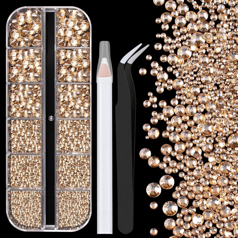 One Pack 2000 Pcs of Flatback Round Champagne Rhinestones 6 Sizes (1.5-6 mm) with Nail Art Rhinestone Picker Pencil and Tweezer for DIY and Salon Use