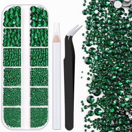 One Pack 2000 Pcs of Flatback Round Dark Green Rhinestones 6 Sizes (1.5-6 mm) with Nail Art Rhinestone Picker Pencil and Tweezers for DIY and Salon Use