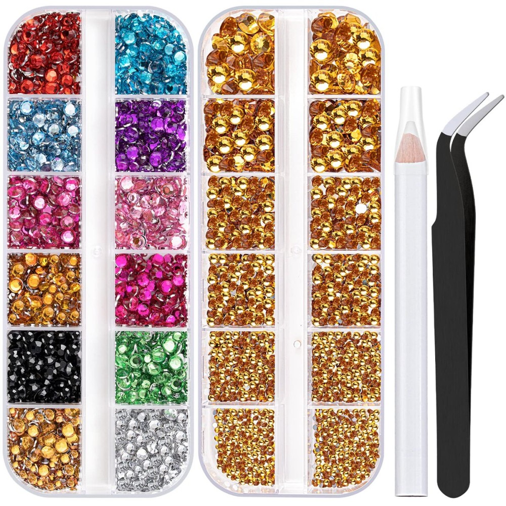 Two Packs of Flatback Rhinestones 4520 Pcs Colorful Nail Art Rhinestones Flatback Crystal Colorful+Golden Yellow Rhinestone with Picker Pencil and Tweezer for Nail Art and Decoration