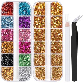 Two Packs of Flatback Rhinestones 4520 Pcs Colorful Nail Art Rhinestones Flatback Crystal Colorful+Golden Yellow Rhinestone with Picker Pencil and Tweezer for Nail Art and Decoration