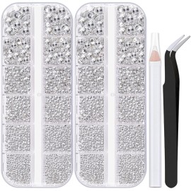 Two Packs of Flatback Rhinestones 4000 Pcs Nail Art Rhinestones Flatback Transparent White Clear Rhinestone with Picker Pencil and Tweezer for Nail Art and Decoration