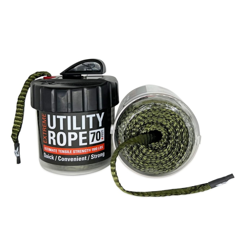 Rapid Rope Canister 70ft Olive Green Flat Tactical Paracord, Made in USA, 1100lb Tested Heavy Duty Poly Rope Test Cord, Non-Tangle Dispenser Included - Hiking, Camping, Survival, Utility, Climbing