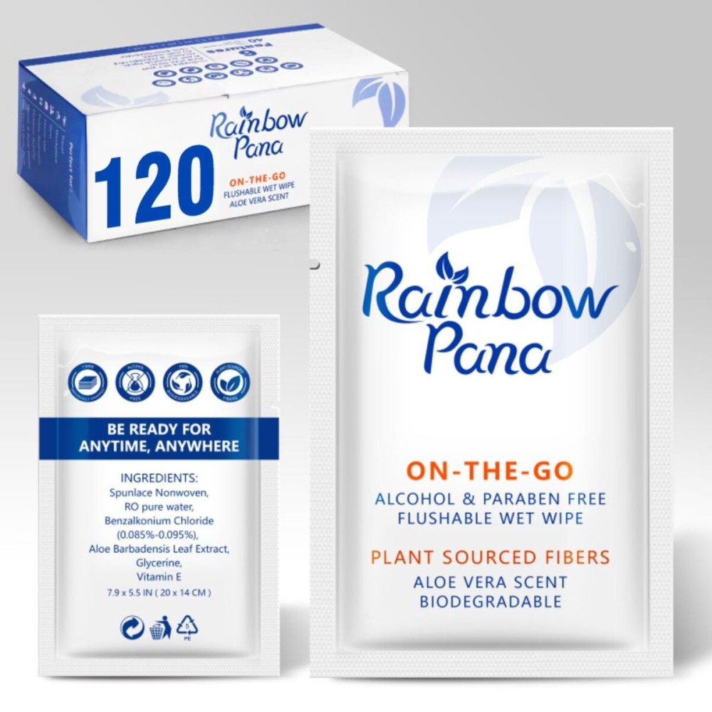 RainbowPana Flushable Wipes - 120 Count, ON-THE-GO Individually Wrapped - Travel Butt Wipes for Men and Women, Family - Infused with Vitamin E and Natural Aloe, pH Balanced, Paraben/Fragrance/Alcohol Free, 100% Plant Sourced Fibers - Cleanse and Moistu...