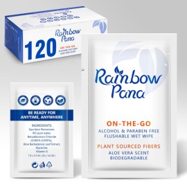 RainbowPana Flushable Wipes - 120 Count, ON-THE-GO Individually Wrapped - Travel Butt Wipes for Men and Women, Family - Infused with Vitamin E and Natural Aloe, pH Balanced, Paraben/Fragrance/Alcohol Free, 100% Plant Sourced Fibers - Cleanse and Moistu...