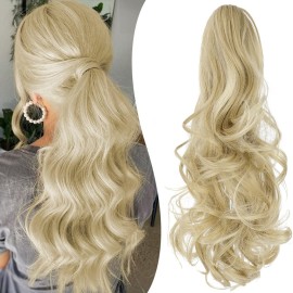 Mitrygreen Claw Clip Ponytail Extension 18 Clip in Wavy Ponytail Hair Extensions Long Pony Tails for Women Extensions Light Blonde Mix Bleach Blonde Wave Hairpiece