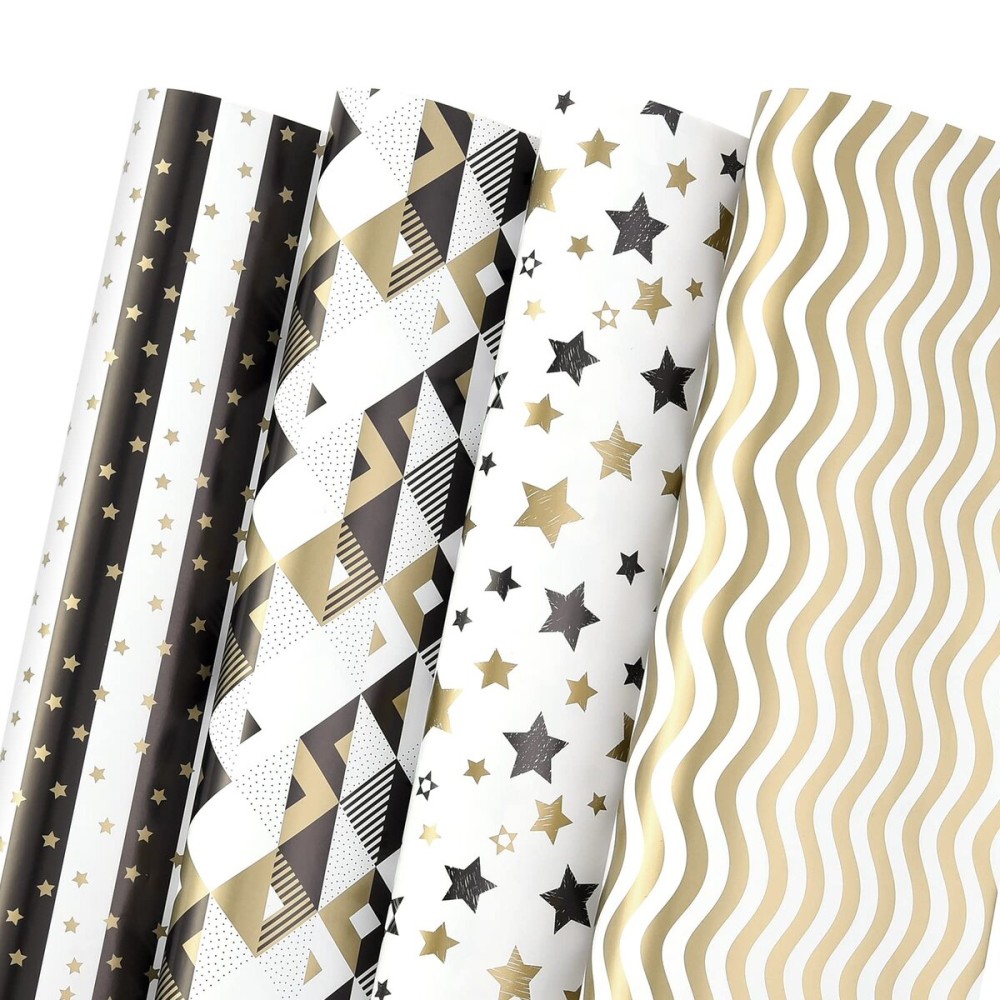 PlandRichW Wrapping Paper Folded Black White and Gold Matte Design Stars, Stripes, Ripples, Plaids for Birthdays, Christmas, Graduations, Weddings, Father\'s Day 4 Styles 20 X 29 12 Sheets