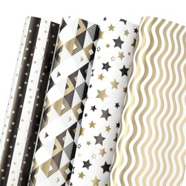 PlandRichW Wrapping Paper Folded Black White and Gold Matte Design Stars, Stripes, Ripples, Plaids for Birthdays, Christmas, Graduations, Weddings, Father\'s Day 4 Styles 20 X 29 12 Sheets