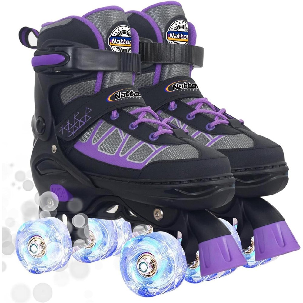 Purple Adjustable Rollerskates with Light Up Wheels for Girls Ages 6-12, Beginners Outdoor Sports, Best Birthday Gift