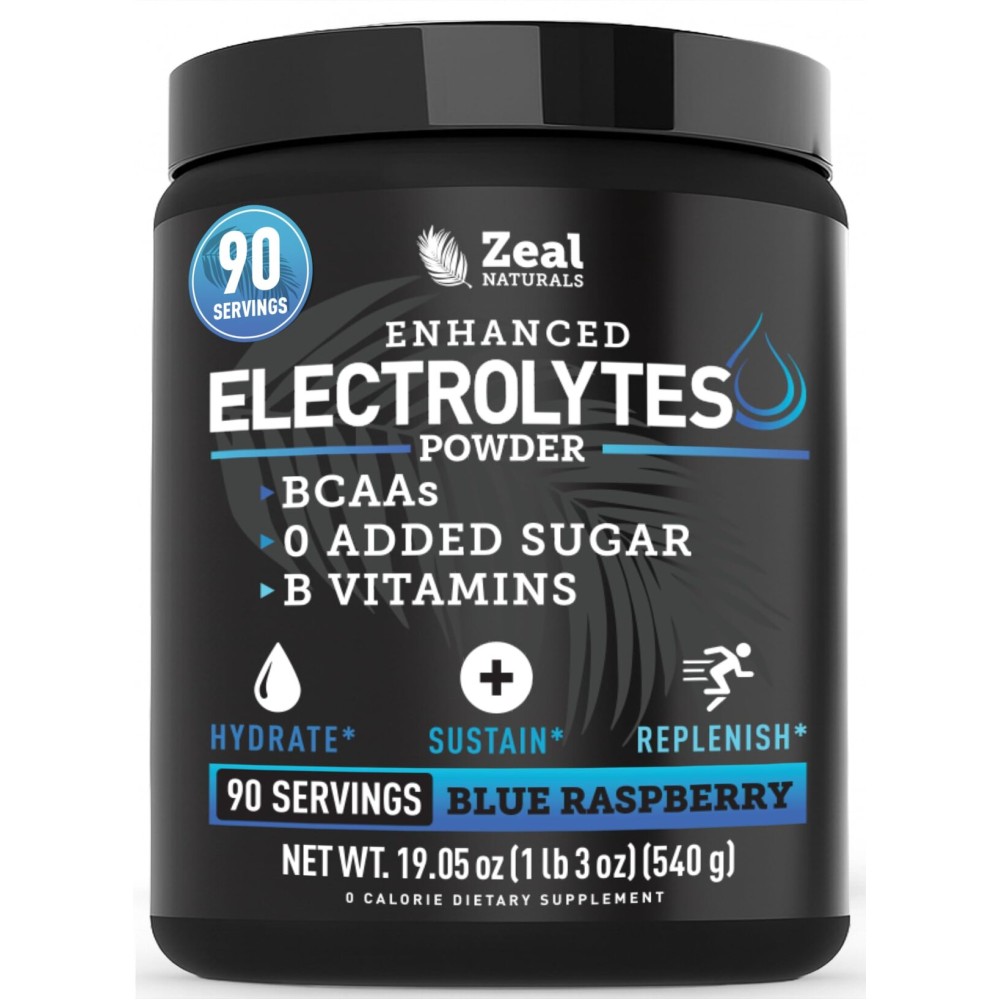 Zeal Electrolyte Powder - 90 Servings | Keto Electrolytes Powder | Zero Sugar, BCAAs, B-Vitamins | Potassium, Zinc, Magnesium | Hydration Powder Recovery Drink | Blue Raspberry