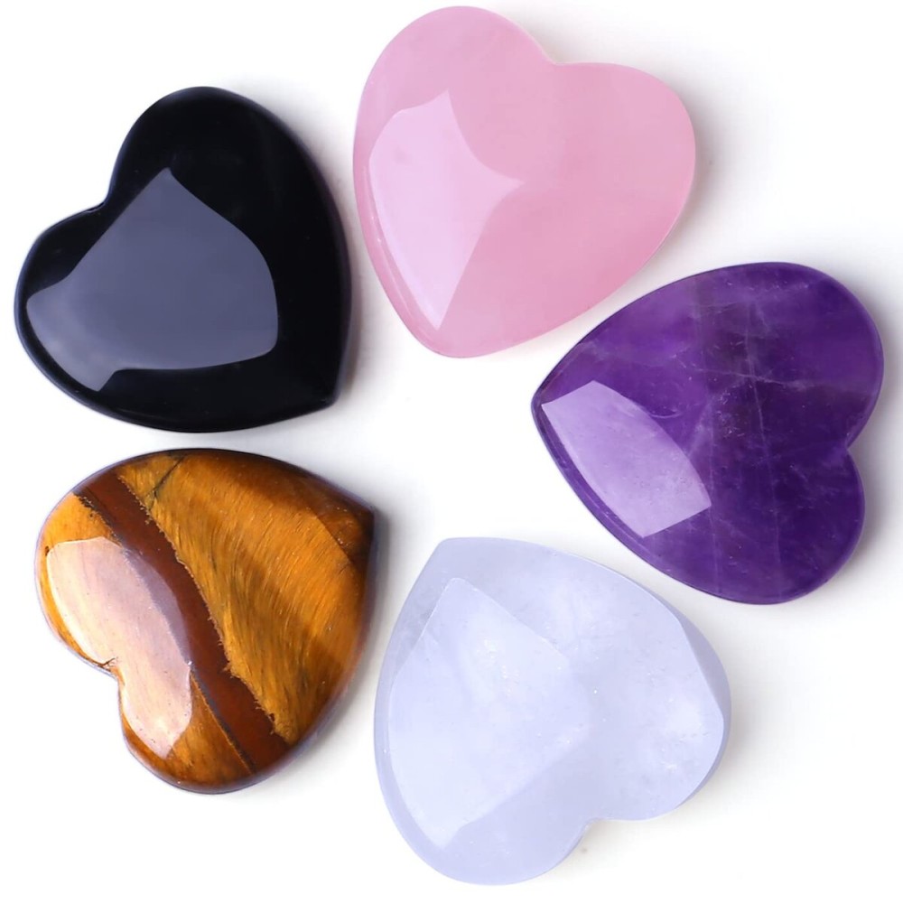 5 PCS Crystals Natural Heart Pocket Stones Polished Rose Quartz Amethyst Assorted Healing Crystals Palm Love Shaped 0.8 Gemstones Set Reiki Energy Balancing Meditation Mother\'s Day Gift
