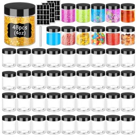 Hajoyful Plastic Jars with Lids 4 OZ 48 PCS, Small Cosmetic Slime Containers Clear Travel Round Jars Empty Leak Proof Refillable Sample Containers with Black Lids for Lotion, Cream, Cosmetics