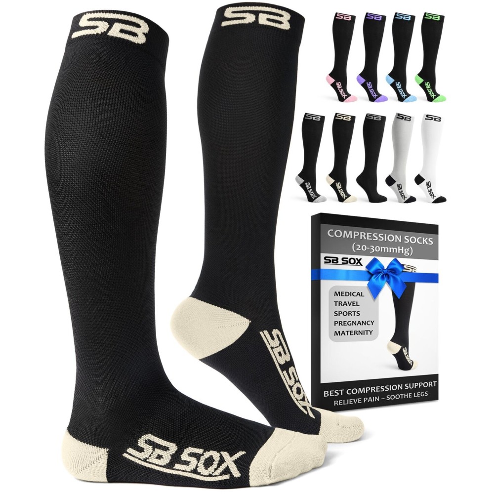SB SOX Compression Socks for Men & Women (20-30 mmHg) - Best Support Stockings for Travel, Medical, and Sports - Perfect for Everyday Wear (Large, Black/Beige)