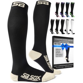 SB SOX Compression Socks for Men & Women (20-30 mmHg) - Best Support Stockings for Travel, Medical, and Sports - Perfect for Everyday Wear (Large, Black/Beige)
