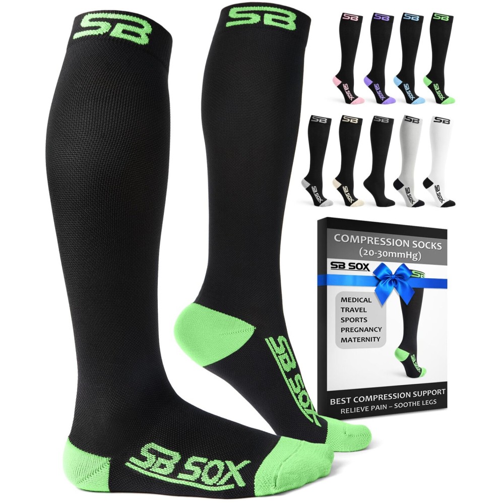 SB SOX Compression Socks for Men & Women (20-30 mmHg) - Best Support Stockings for Travel, Medical, and Sports - Perfect for Everyday Wear (Small, Black/Green)