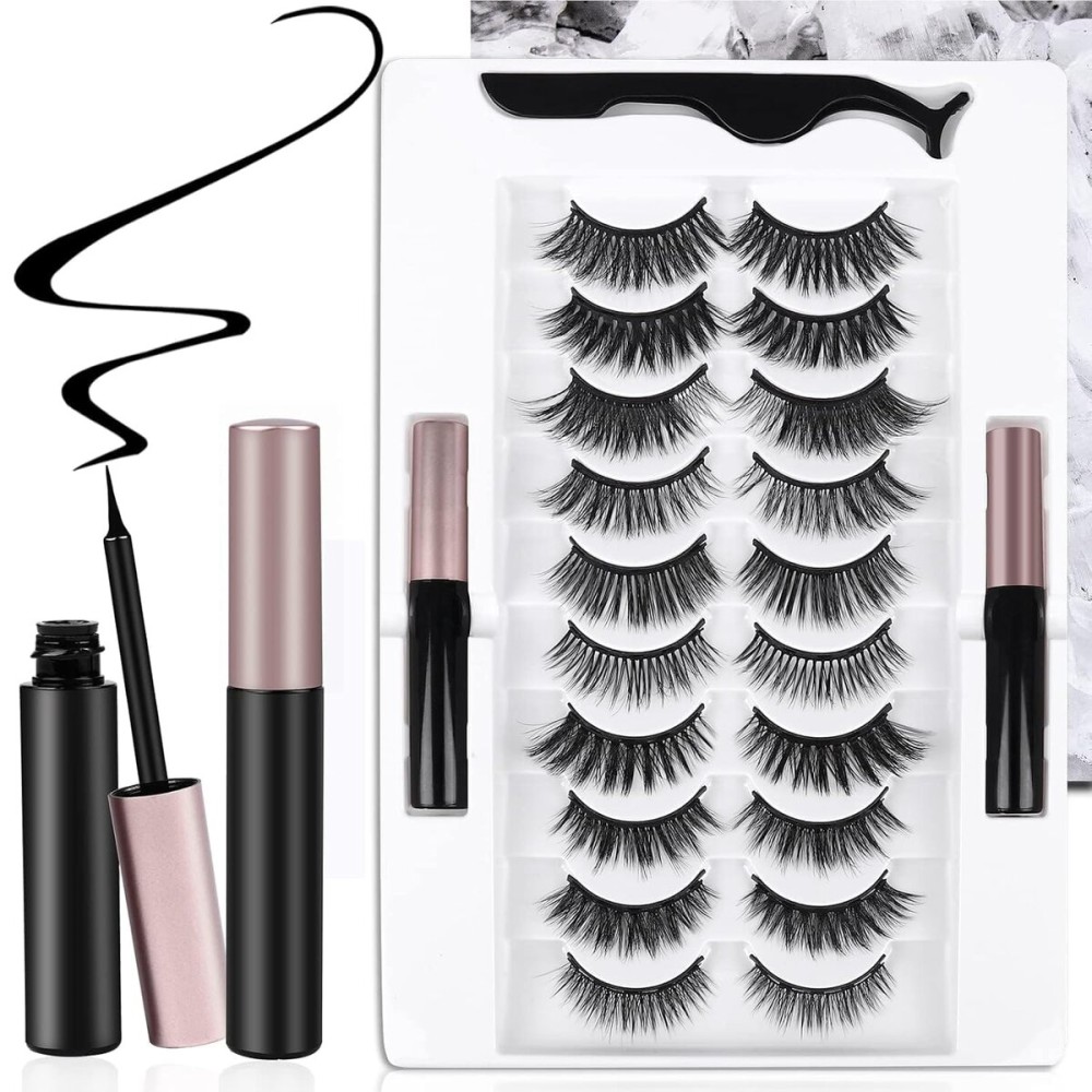 AROIC 10 Kinds of 3D 5D Magnetic Eyelash Kit with Different Density, Magnetic Eyelashes with 2 Eyelash Glue and 1 Tweezer, False Eyelashes for Women and Girls Natural Look No Glue Needed