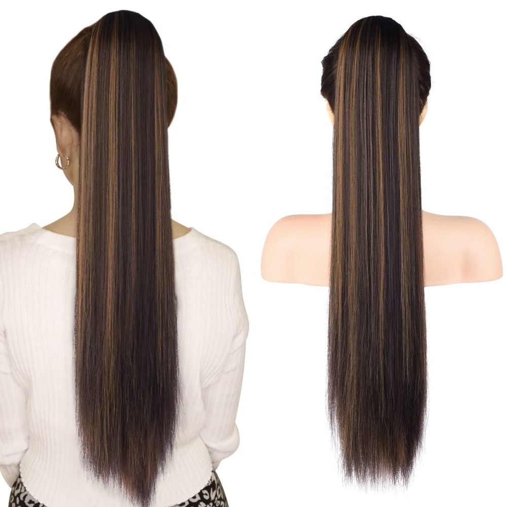 SEIKEA 28 Ponytail Extensions Drawstring Long Straight Fake Pony Tail Natural Soft Clip in Hair Extension Synthetic Heat Resistant Hairpiece - Chestnut Brown with Blonde Hightlights