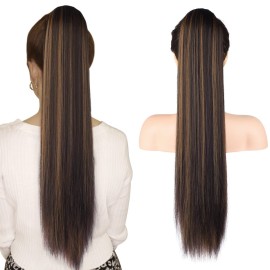 SEIKEA 28 Ponytail Extensions Drawstring Long Straight Fake Pony Tail Natural Soft Clip in Hair Extension Synthetic Heat Resistant Hairpiece - Chestnut Brown with Blonde Hightlights