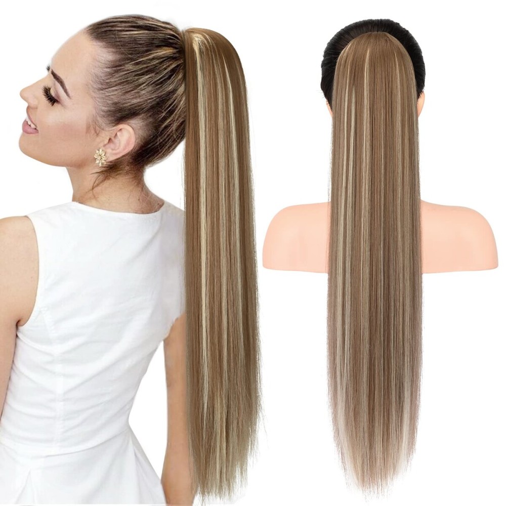 SEIKEA 28 Ponytail Extensions Drawstring Long Straight Fake Pony Tail Natural Soft Clip in Hair Extension Synthetic Heat Resistant Hairpiece - Ash Brown with Platinum Blonde Hightlights