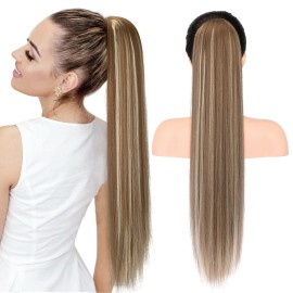SEIKEA 28 Ponytail Extensions Drawstring Long Straight Fake Pony Tail Natural Soft Clip in Hair Extension Synthetic Heat Resistant Hairpiece - Ash Brown with Platinum Blonde Hightlights