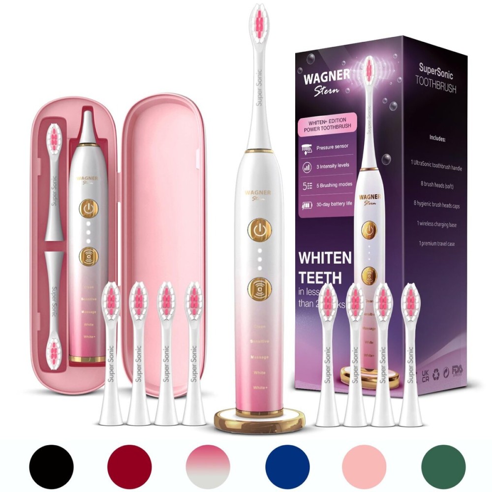 Wagner Stern WT8900 Series Electric Toothbrush - Whitening & Pressure Sensor, 5 Modes, 3 Intensities, 8 Soft Brush Heads, Rechargeable, Travel Case Included