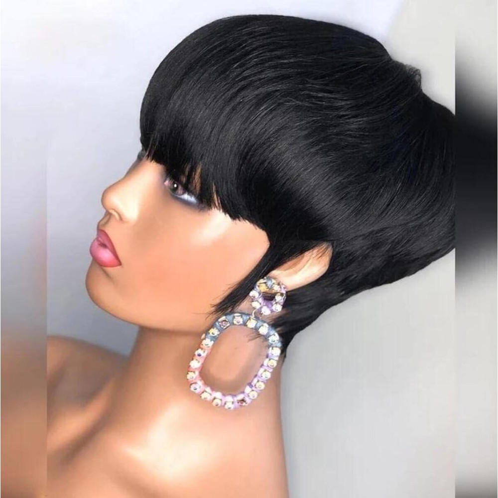 PangDongLai Chic Elegent Pixie Cut Wigs for Black Women Short Layered Pixie Wigs With Bangs Full Machine Made Brazilian Virgin Straight Human Hair Natural Black Color (pixie cut wig, Black color)