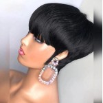 PangDongLai Chic Elegent Pixie Cut Wigs for Black Women Short Layered Pixie Wigs With Bangs Full Machine Made Brazilian Virgin Straight Human Hair Natural Black Color (pixie cut wig, Black color)