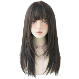 7JHH WIGS Black Wigs with Bangs Synthetic Dark Brown Wig Long Straight Wig for Women Party and cosplay wig (23 Natural Black NEW