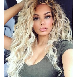 Fencca Blonde Long Curly Wavy Wig Ombre Platinum Blonde Wigs for Women Loose Wave Hair Glueless Heat Resistant Synthetic Wigs for Daily Party Use