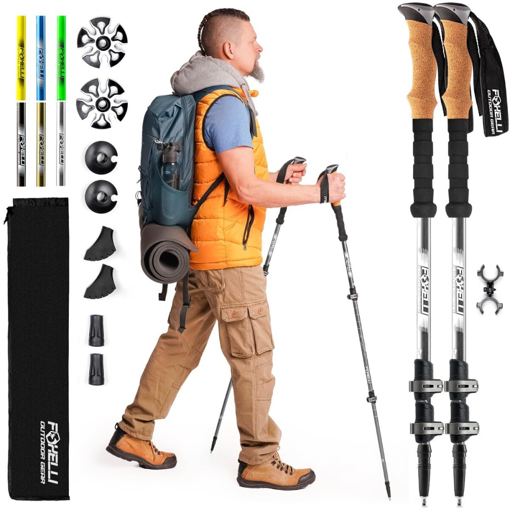 Foxelli Trekking Poles - Lightweight Collapsible Aircraft Grade Aluminum Hiking Poles with Cork Grips Quick Locks & All-Terrain Accessories - Pair of 2