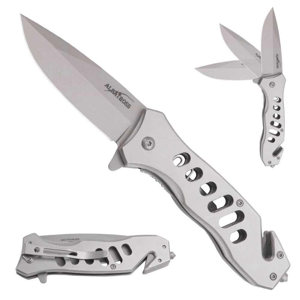 ALBATROSS Multifunction Folding Pocket Knife with Glass Breaker, Seatbelt Cutter, Spring Assisted Open, 440C Stainless Steel 3 Blade, 7.5 Overall (Grey)