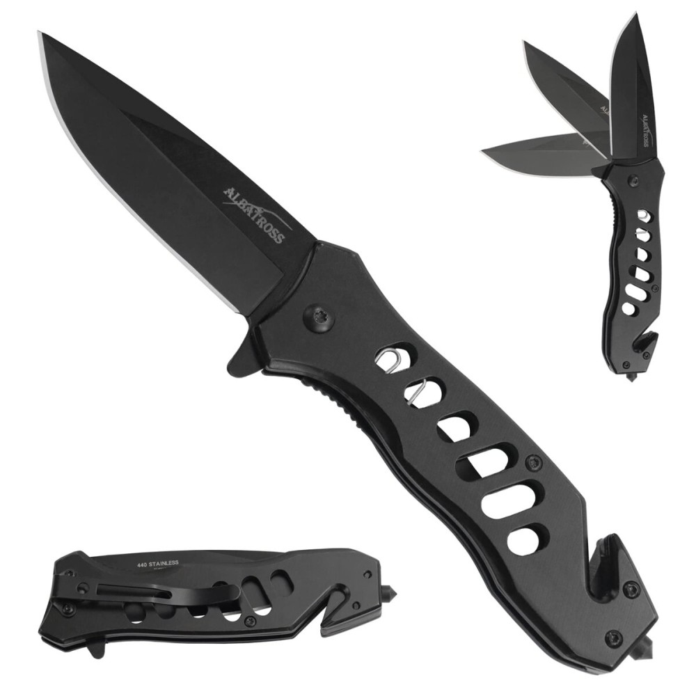 ALBATROSS Multifunction Folding Pocket Knife with Glass Breaker, Seatbelt Cutter, Spring Assisted Open, 440C Stainless Steel 3 Blade, 7.5 Overall (Black)