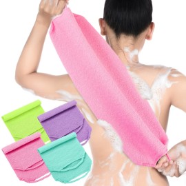 Moukeren Exfoliating Back Scrubber with Handles 4 Pack Nylon Back Exfoliator Extended Length Washers Scrubbers Stretchable Pull Strap Exfoliating Washcloth(Pink,Blue,Fluorescent Green,Purple)
