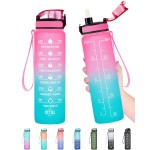 Enerbone 32 oz Water Bottle, Leakproof BPA & Toxic Free, Motivational Water Bottle with Times to Drink and Straw, Fitness Sports Water Bottle with Strap for Office, Gym, Outdoor Sports, Pink-Green