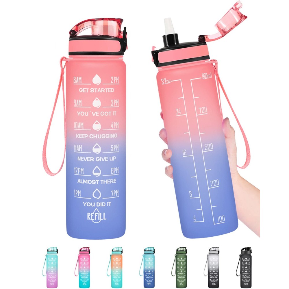 Enerbone 32 oz Water Bottle, Leakproof BPA & Toxic Free, Motivational Water Bottle with Times to Drink and Straw, Fitness Sports Water Bottle with Strap for Office, Gym, Outdoor Sports, Pink-Blue