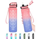 Enerbone 32 oz Water Bottle, Leakproof BPA & Toxic Free, Motivational Water Bottle with Times to Drink and Straw, Fitness Sports Water Bottle with Strap for Office, Gym, Outdoor Sports, Pink-Blue