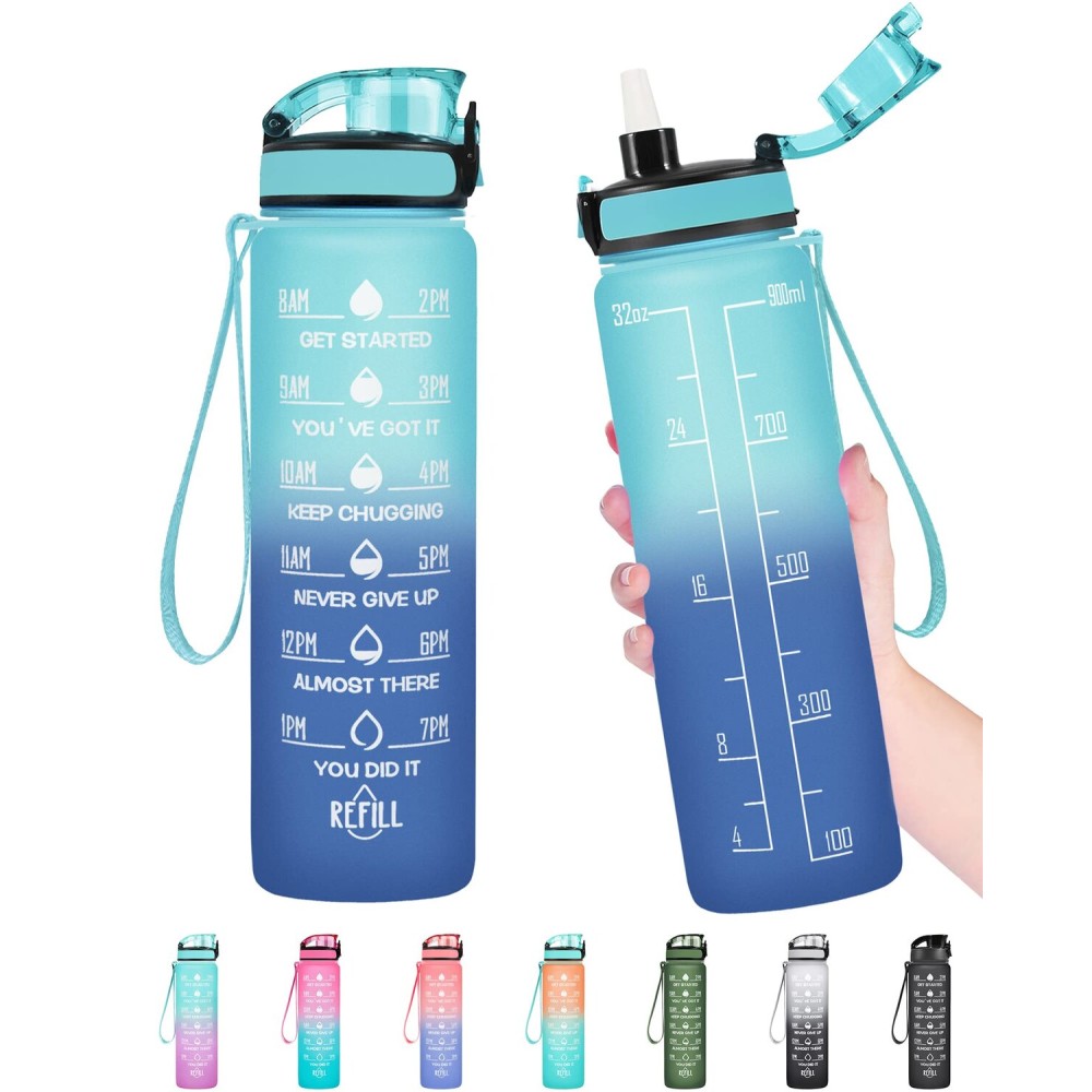 Enerbone 32 oz Water Bottle, Leakproof BPA & Toxic Free, Motivational Water Bottle with Times to Drink and Straw, Fitness Sports Water Bottle with Strap for Office, Gym, Outdoor Sports, Green-Blue