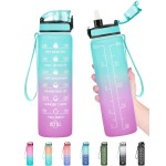 Enerbone 32 oz Water Bottle, Leakproof BPA & Toxic Free, Motivational Water Bottle with Times to Drink and Straw, Fitness Sports Water Bottle with Strap for Office, Gym, Outdoor Sports, Green-Purple
