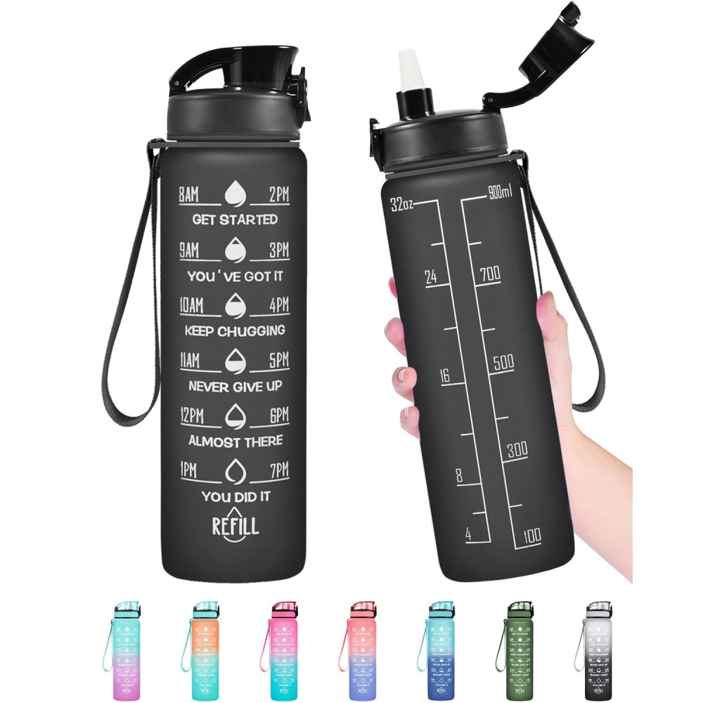 Enerbone 32 oz Water Bottle, Leakproof BPA & Toxic Free, Motivational Water Bottle with Times to Drink and Straw, Fitness Sports Water Bottle with Strap for Office, Gym, Outdoor Sports, Black Matte