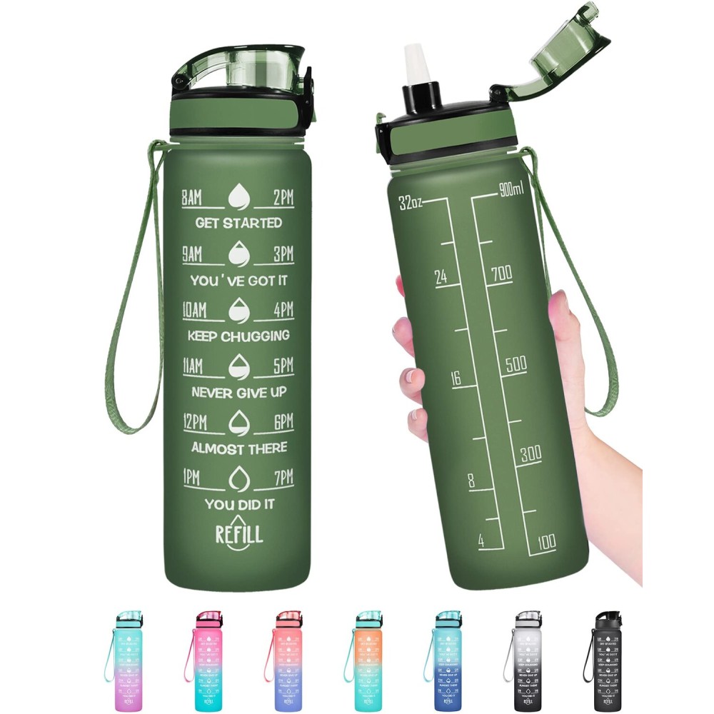 Enerbone 32 oz Water Bottle, Leakproof BPA & Toxic Free, Motivational Water Bottle with Times to Drink and Straw, Fitness Sports Water Bottle with Strap for Office, Gym, Outdoor Sports, Hunter Green