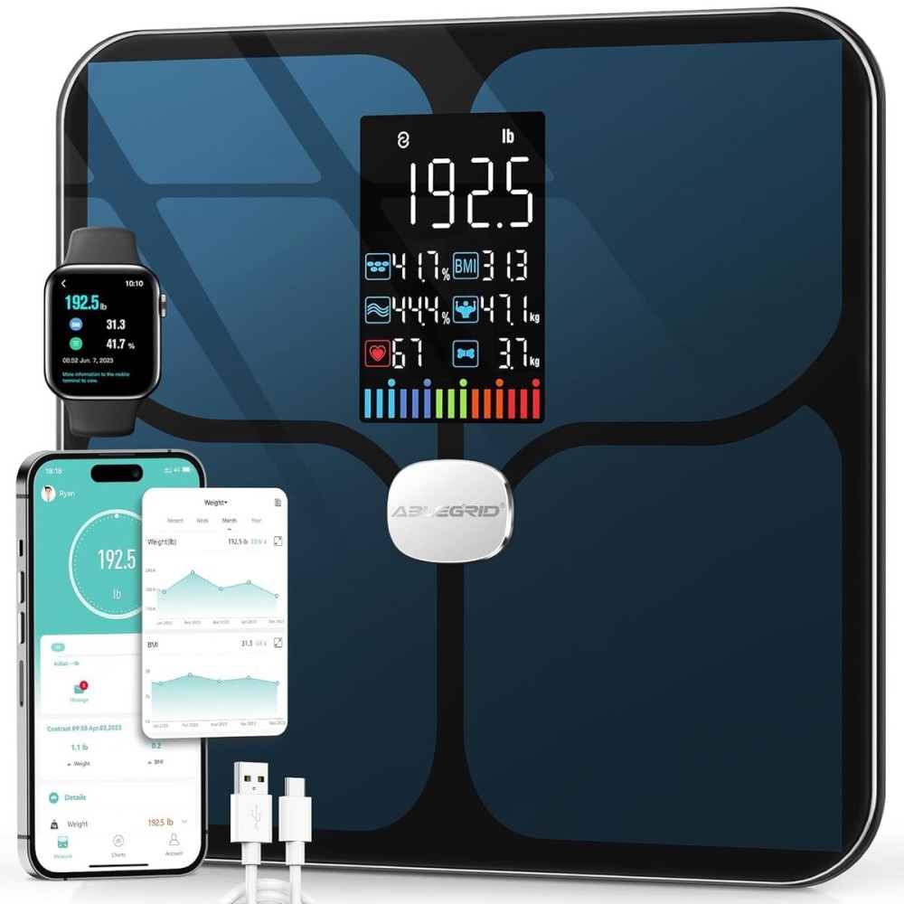 ABLEGRID Body Fat Scale,Digital Smart Bathroom Scale for Body Weight, Large Color Display Screen, 16 Body Composition Metrics BMI, Water Weigh, Heart Rate, Baby Mode, 400lb, Rechargeable