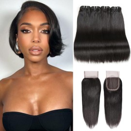 Liang Dian 8 Inch Short Human Hair Bundles Natural Color 4 Bundles With 10Closure 12A Brazilian Virgin Hair 100% Unprocessed Straight Human Hair(8888with 10Closure)
