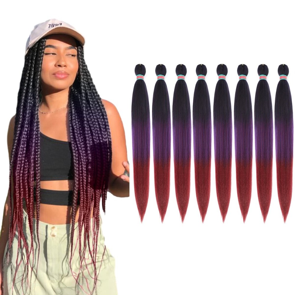 RUN SHUI Ombre Pre stretched Braiding Hair, 36 Inch 3 tones Braid Hair Extensions, 8 packs Multi Color blend braiding hair pre-stretched, Crochet Hair Braiding(36\'\'-8packs,1b/purple/burg)