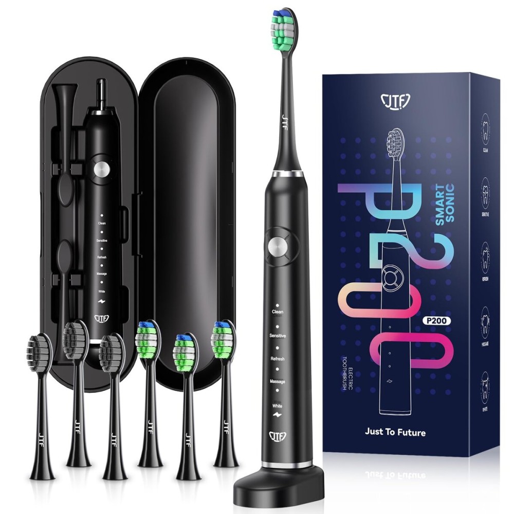 JTF Sonic Electric Toothbrush for Adults - Teeth Whitening Toothbrush with 6 Brush Heads and a Travel Case, Fast Charging for 60 Days Use Waterproof Toothbrushes, Black