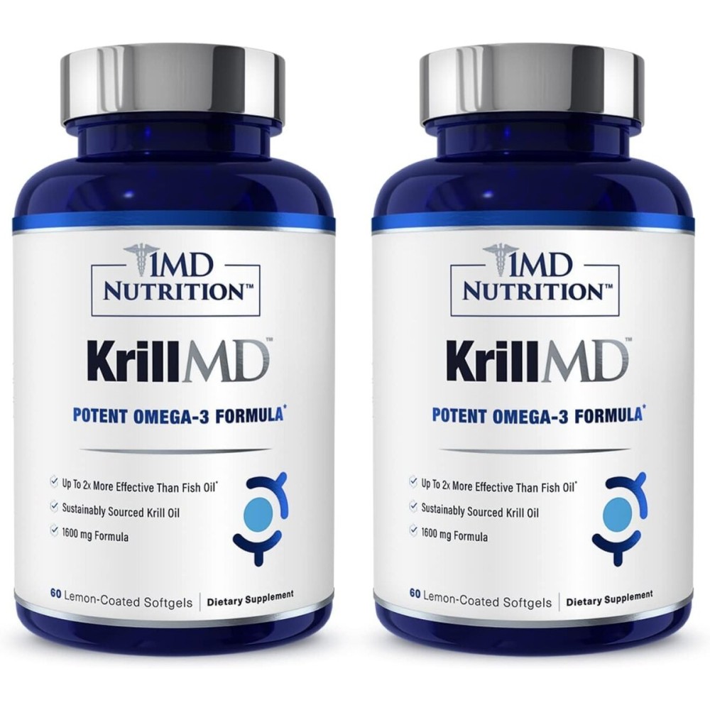 1MD Nutrition KrillMD - Antarctic Krill Oil Omega 3 Supplement with Astaxanthin, EPA, DHA | 2X More Effective Than Fish Oil | 60 Softgels (2-Pack)